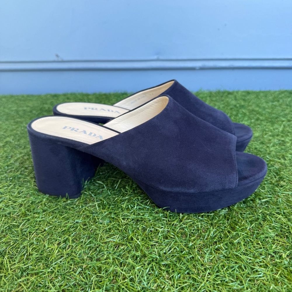 Prada Navy Suede Platform Mules Chunky Block Heel Sandals Made in Italy Size 38